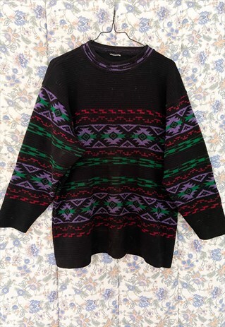 VINTAGE 80'S BLACK PATTERNED JUMPER- S/M