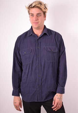 MENS VINTAGE CORDUROY SHIRT LARGE NAVY BLUE 90S