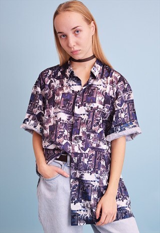 90'S RETRO ABSTRACT PRINT OVERSIZED SHIRT BLOUSE TOP