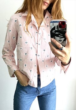 Roses Printed Striped Cotton Work Buttoned Pastel Shirt Top