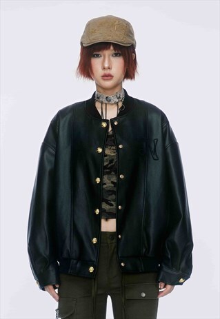 FAUX LEATHER VARSITY JACKET RETRO WASH PU BOMBER IN BLACK