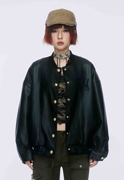 Faux leather varsity jacket retro wash PU bomber in black