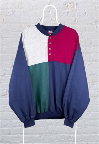 VINTAGE SWEATSHIRT COLOUR BLOCK GRANDAD COLLAR XL