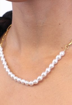 Pearl Link 18k Gold Necklace Dainty Link Chain 