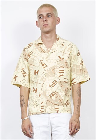 VINTAGE 80'S PALE YELLOW LOGO WORD PRINT HAWAIIAN SHIRT