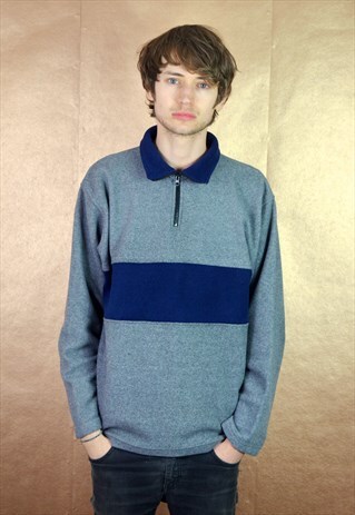 90S VINTAGE GREY AND NAVY 1/4 ZIP PULLOVER FLEECE SWEATSHIRT