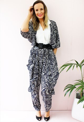 VINTAGE 80'S NAVY & WHITE PAISLEY PRINT JUMPSUIT