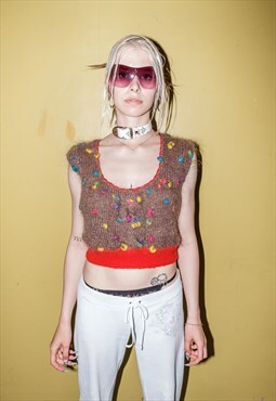 90's Vintage chocolate with skittles cropped gilet in brown