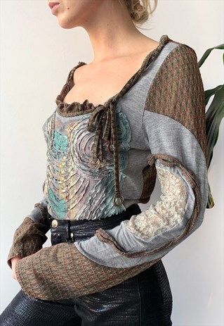 VINTAGE 00'S Y2K KNIT PATCHWORK BABYDOLL BLOUSE JUMPER