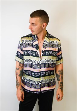Jungleclub Mens Tribal Print Faux Silk Shirt