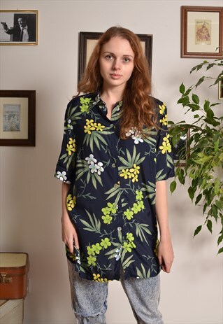 VINTAGE 80S FLORAL PATTERNED OVERSIZED SHIRT IN GREEN