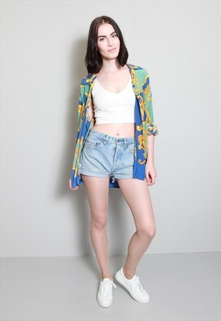 VINTAGE 1980'S BLUE AND GOLD PATTERNED SILK SHIRT