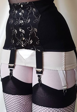 VINTAGE 60S BLACK & PINK FLORAL WASPIE CORSET / WEDDING