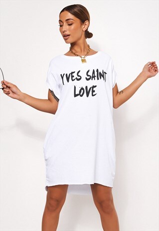 WHITE OVERSIZED SLOGAN T-SHIRT DRESS