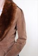 VINTAGE 90S BROWN LEATHER JACKET WITH FAUX FUR COLLAR RETRO