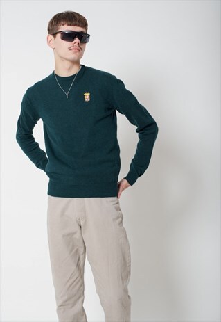 VINTAGE 90S PREPPY ROUNDNECK WOOL JUMPER IN DARK GREEN XS/S