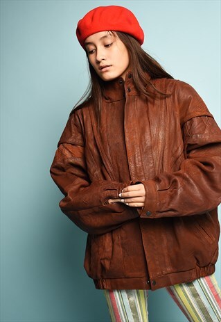 80'S RETRO REAL LEATHER OVERSIZED DADS BOMBER JACKET