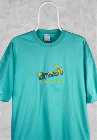 VINTAGE BRAZIL T-SHIRT GREEN EMBROIDERED SPELL OUT LARGE