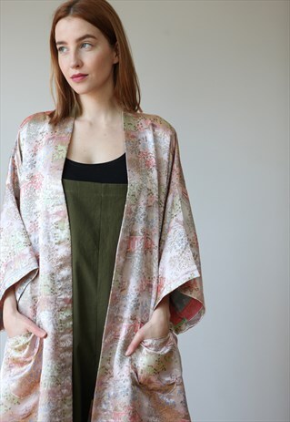 VINTAGE 90'S PATTERNED KIMONO MAXI OVERCOAT DUST PINK