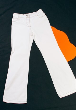 VINTAGE FLARE JEANS Y2K HIGH RISE RAVE PANTS IN WHITE