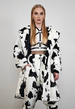 Cow print coat faux fur spot pattern trench animal overcoat