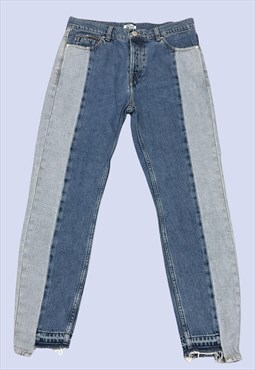 Two Tone Blue Denim Jeans Split Hem Frayed Slim Straight