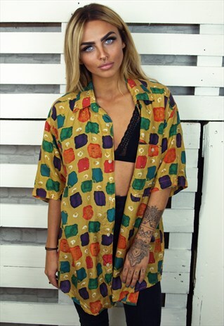 FUNKY GEOMETRIC PRINT VINTAGE SHORT SLEEVED SILK SHIRT