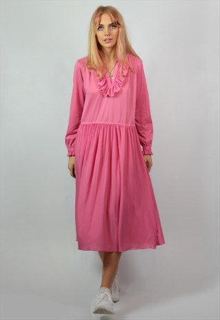 VINTAGE BARBIE PINK SHEER RUFFLE PLEATED MIDI DRESS