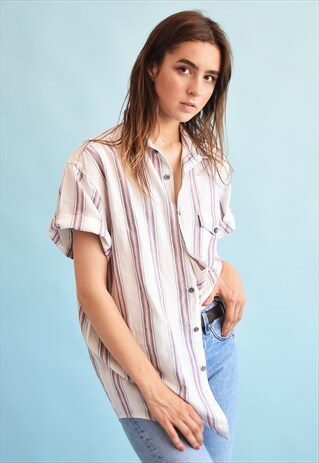 90'S RETRO STRIPED PRINT NEUTRAL OVERSIZED DADS BLOUSE TOP