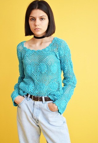 90'S RETRO BOHO BEADED KNITTED CROCHET BLOUSE TOP