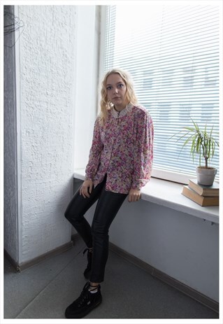 VINTAGE 80'S PINK PATTERNED LACE COLLAR BLOUSE