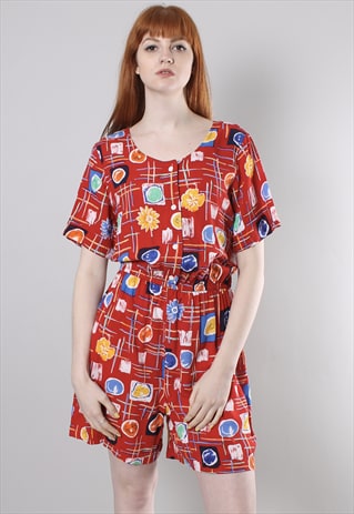 VINTAGE 80S RED PATTERNED PLAYSUIT