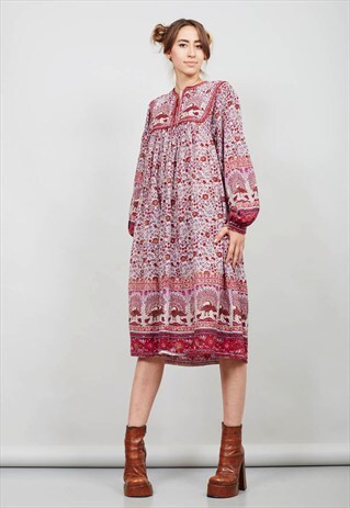 VINTAGE 70'S PREMIUM INDIAN FLORAL RED COTTON MAXI DRESS
