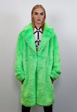 Neon faux fur longline coat shaggy trench rave jacket green