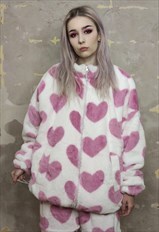 Heart fleece jacket handmade reversible love bomber in pink