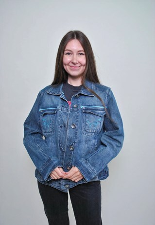 Y2K DENIM JACKET, WOMEN JEANS BUTTON DOWN JACKET BLUE 00S