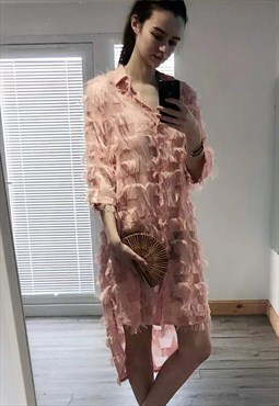 Feather look and star pattern shirt dress in Pink