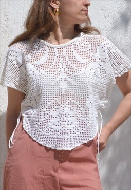 Cream white handmade crochet mesh/floral cotton top