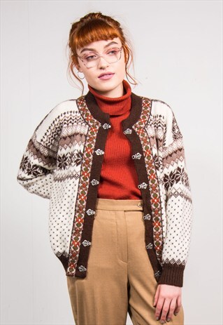 90'S VINTAGE BROWN FAIR ISLE KNIT NORDIC CARDIGAN
