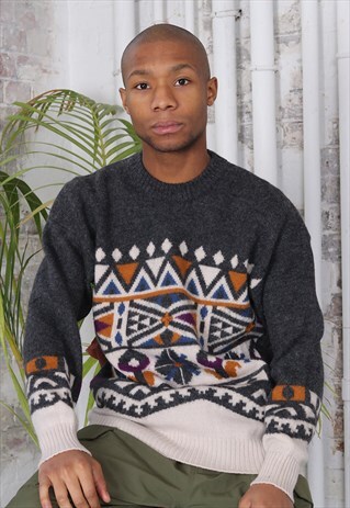 VINTAGE FILA PATTERN KNIT JUMPER GREY BEIGE