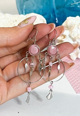Y2K Silver and Baby Pink Boho Drop Earrings