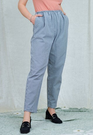BLUE WHITE CHECK PANTS SUPER HIGH WAIST TROUSERS COTTON L/XL
