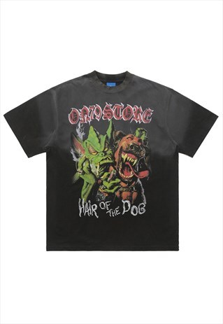 MONSTER CARTOON T-SHIRT CREEPY DOG TEE RETRO GRUNGE TOP GREY