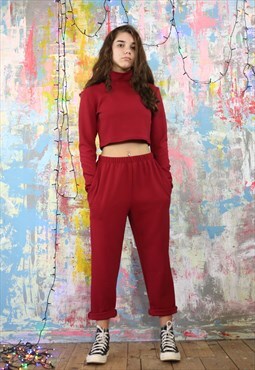 Cropped Tapered Trousers in Textured Wine
