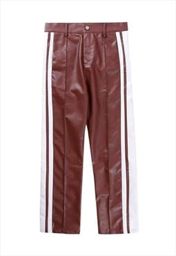 Faux leather track pants striped rubber trousers white brown