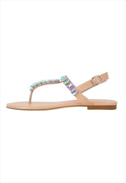 Rhinestone Flat T-Strap Thong Sandals