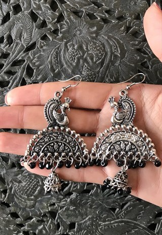 CHUNKY SILVER METAL PEACOCK EARRINGS BLACK BEADS ETHNIC