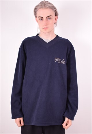 FILA MENS VINTAGE FLEECE JUMPER XL NAVY BLUE 90S