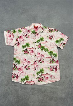 Vintage Hawaiian Shirt Palm Tree Flamingo Patterned Shirt