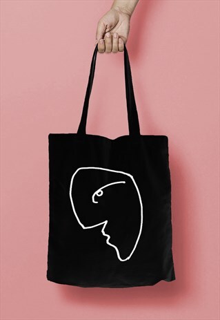FACE LINE DRAWING PRINT COTTON TOTE BAG SHOPPER BLACK WHITE